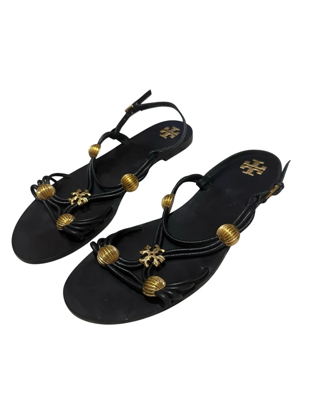 Tory Burch Capri Multi-Strap Sandals in Black and Gold Size 8.5